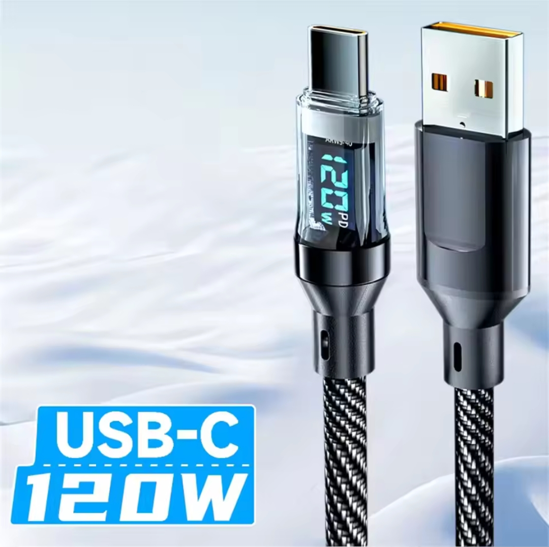 NNBILI 120 واط نوع C إلى نوع C كابل الهاتف كابل شحن سريع للغاية مع شاشة LED USB إلى سلك بيانات من النوع C لهواوي oppo vivo